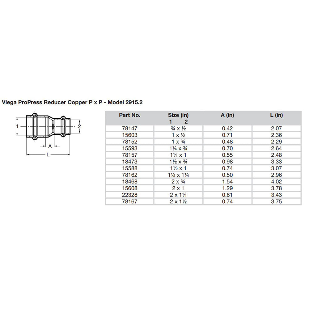 Viega ProPress 34 x 12 Copper Reducer Double Press Connection Smart Connect Technology 78147