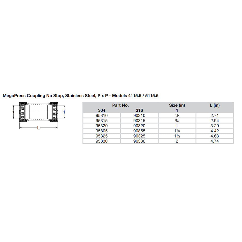 Viega MegaPress 12 Stainless Steel 304 Coupling wo Stop Double Press Connection Smart Connect Technology 95310