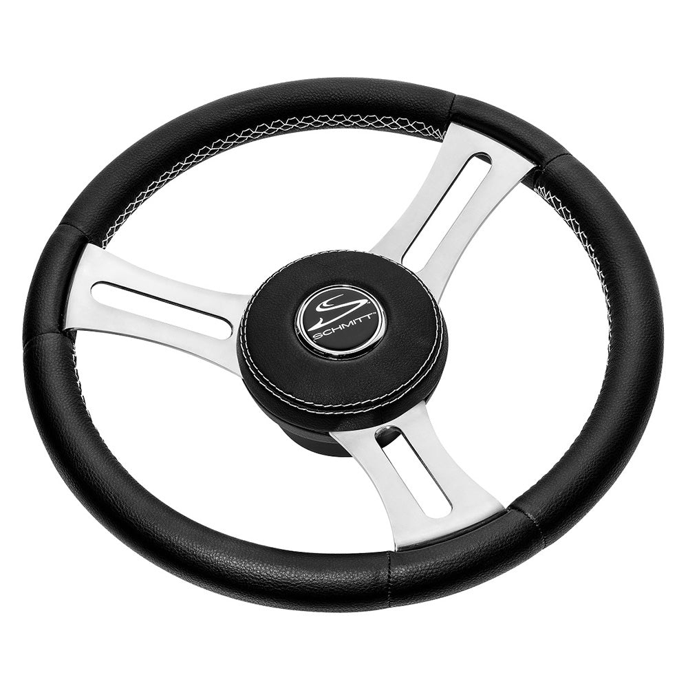 Schmitt Marine Torcello Elite 14 Wheel Black Leather Cap White Stitching Polished SS Spokes 34 Tapered Shaft
