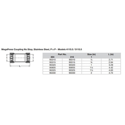 Viega MegaPress 12 Stainless Steel 304 Coupling wo Stop  Double Press Connection  Smart Connect Technology 95310