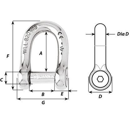 Wichard SelfLocking Allen Head Pin D Shackle  6mm Diameter  14 1303W